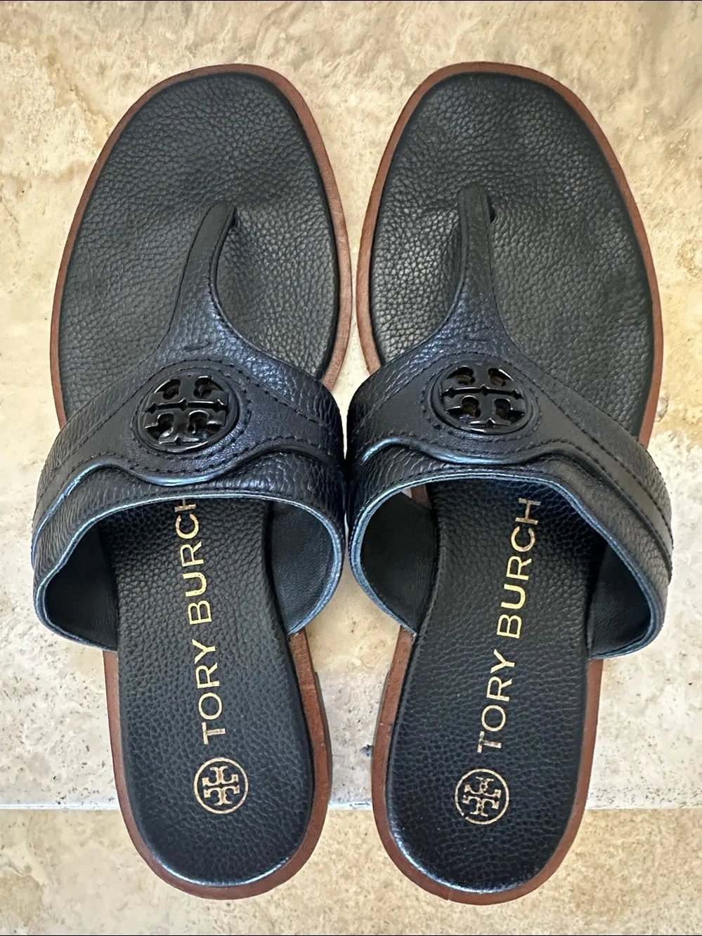 Tory Burch Black Leather CARSON Thong Welt Sandals - Size 7.5